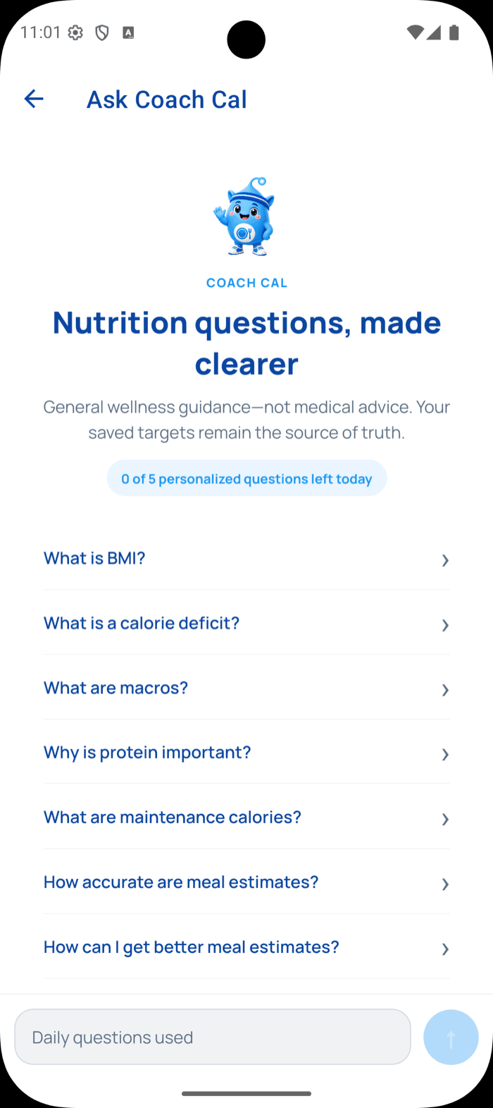 Ask Coach Cal screen in the Oops Calorie app