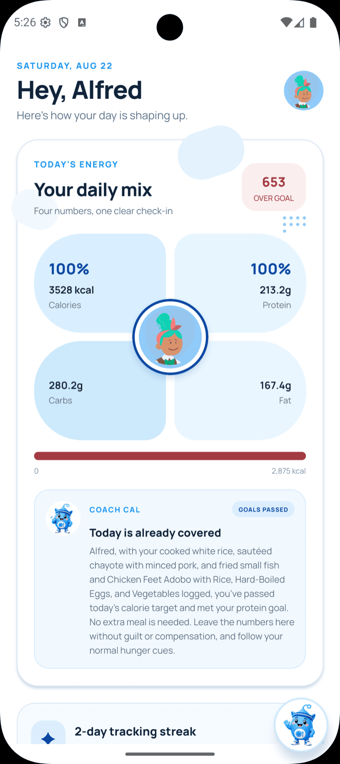 Oops Calorie daily dashboard showing readable calories, protein, carbohydrates, fat, and a grounded Coach Cal check-in