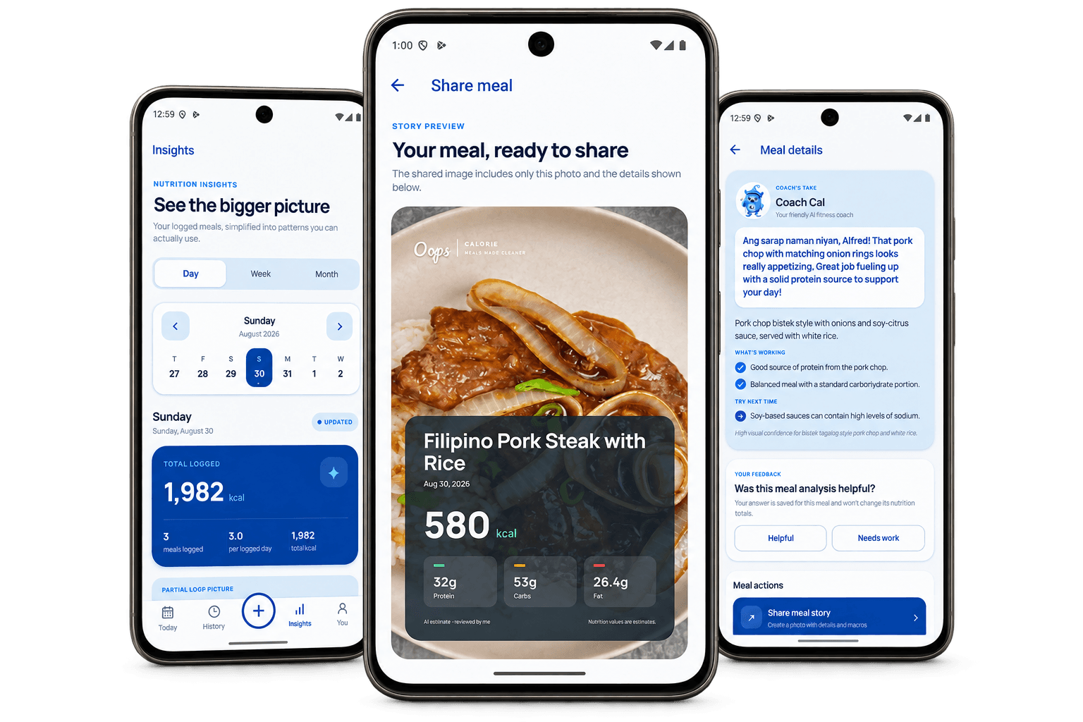 Three Android phones showing Oops Calorie's Filipino meal sharing, nutrition insights, and Coach Cal guidance screens