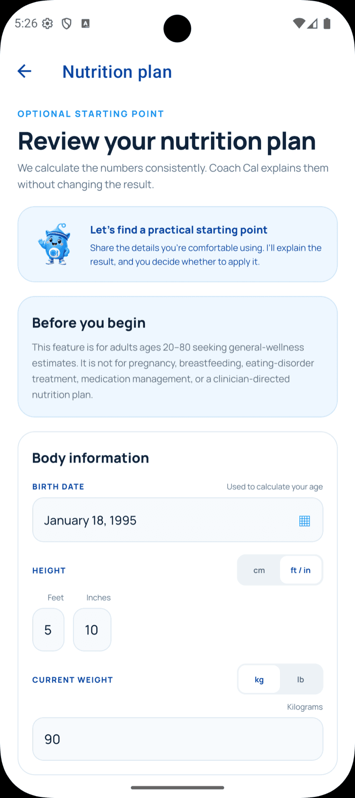 Start with practical targets screen in the Oops Calorie app