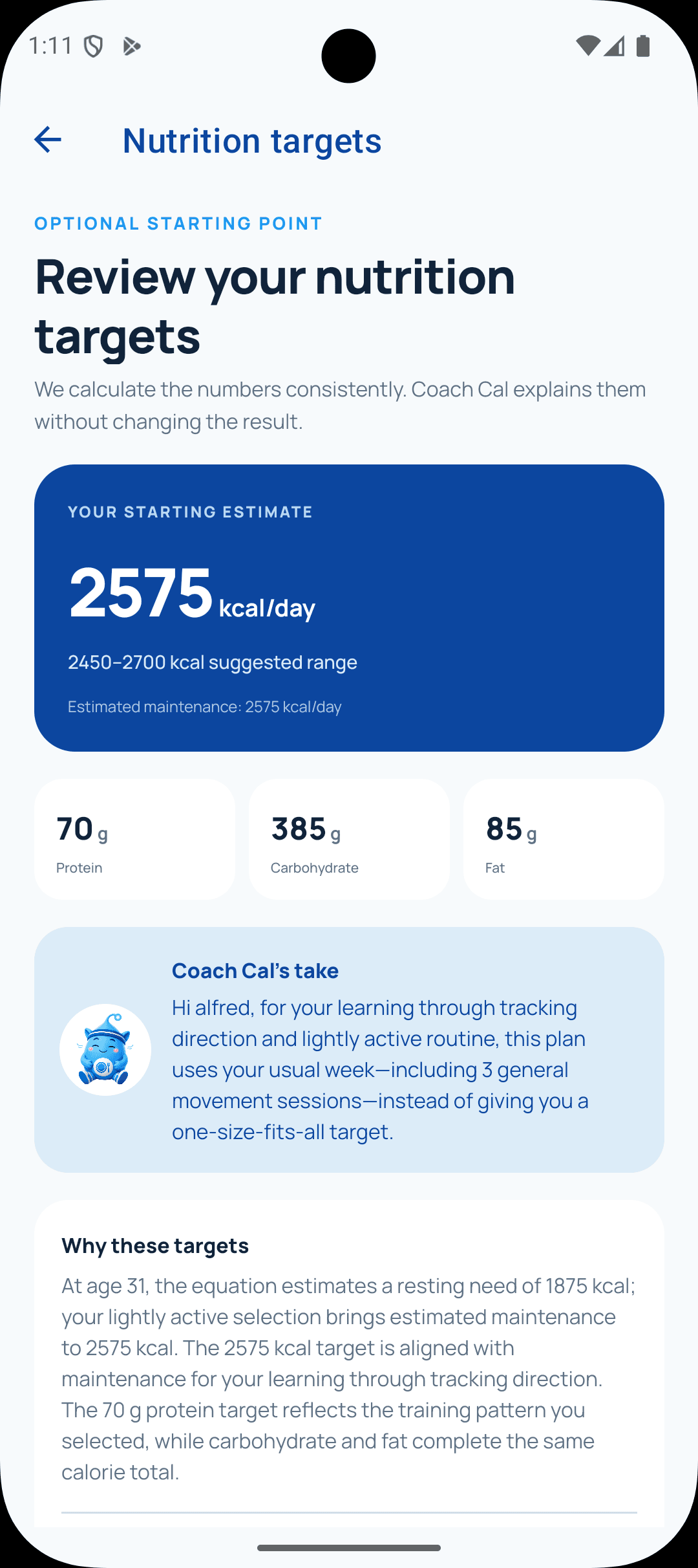 Know where your targets come from in the current Oops Calorie Android app