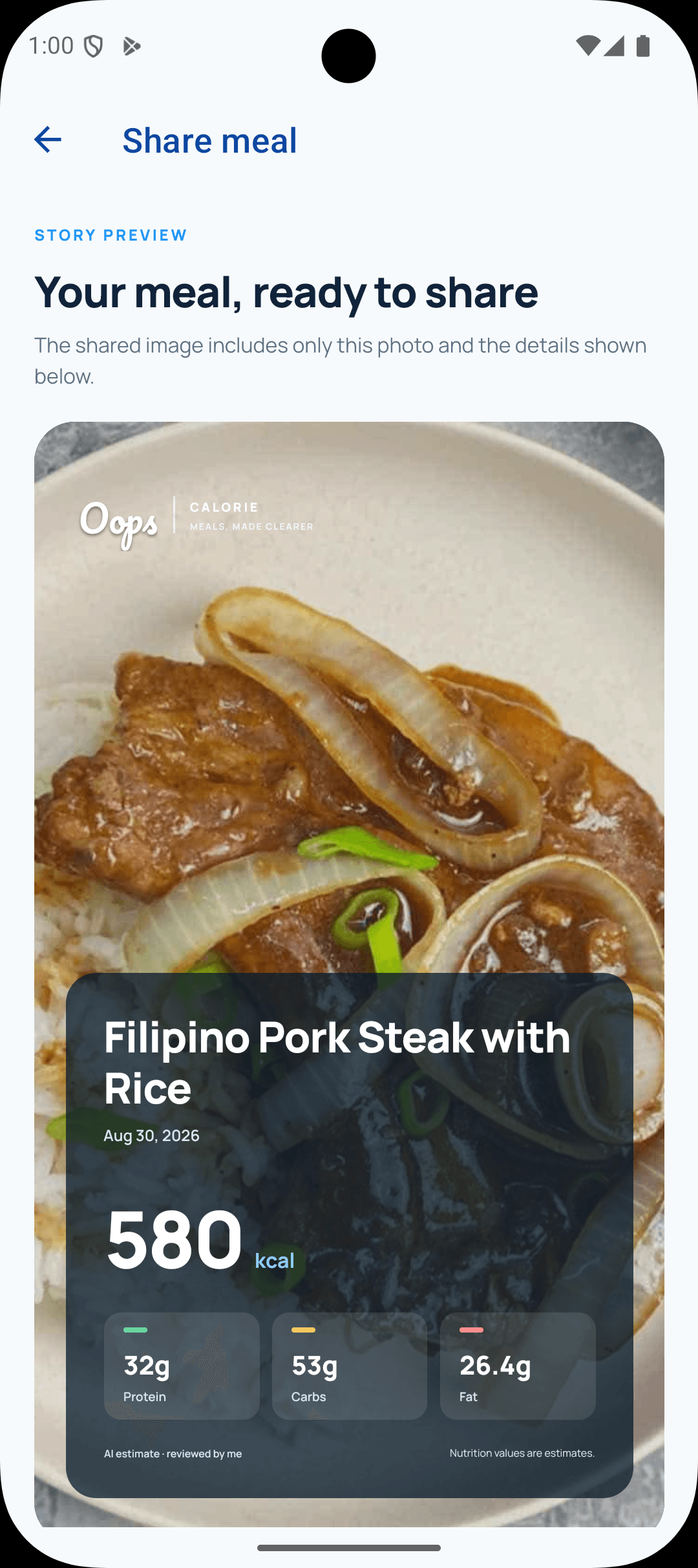 Share only what you choose in the current Oops Calorie Android app