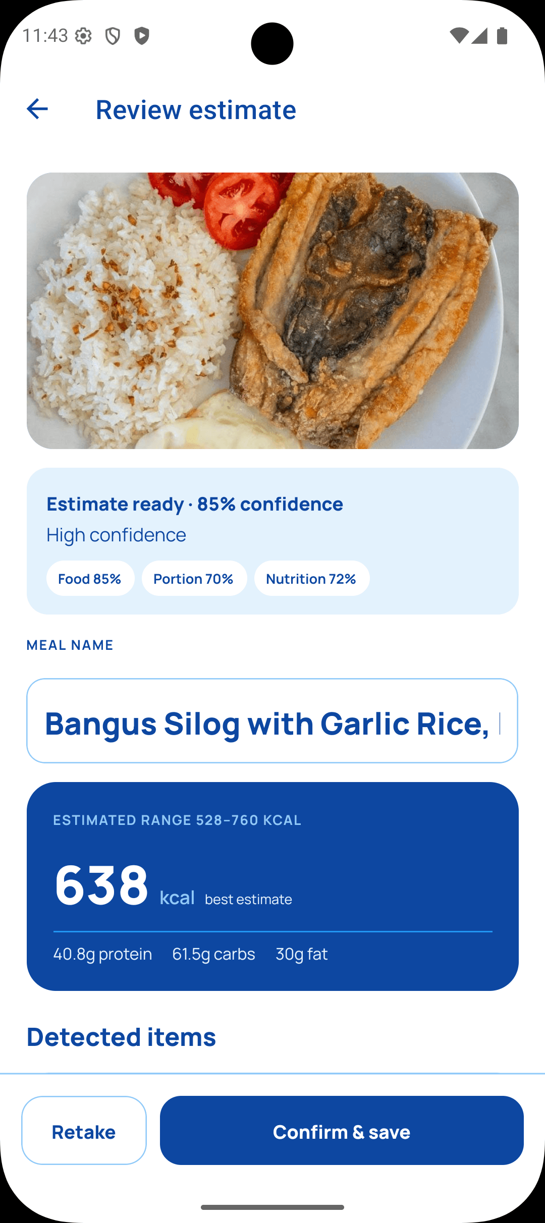 See what was detected screen in the Oops Calorie app